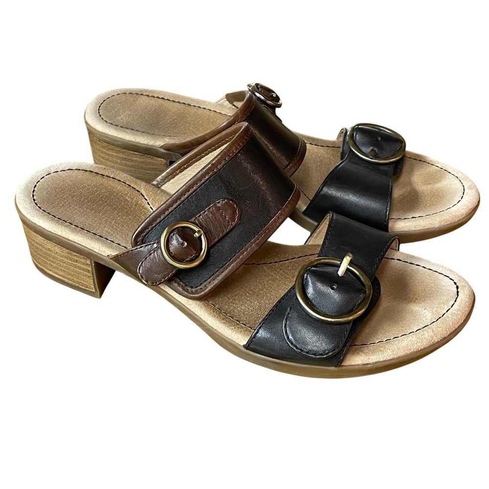 Dansko Lenny Leather Slip On Adjustable Buckle Sandals Sz 41 (EU) Stacked Heel
